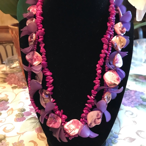 BEAD AND SHELL PURPLE TONES NECKLACE AND BRACELET - Picture 2 of 15